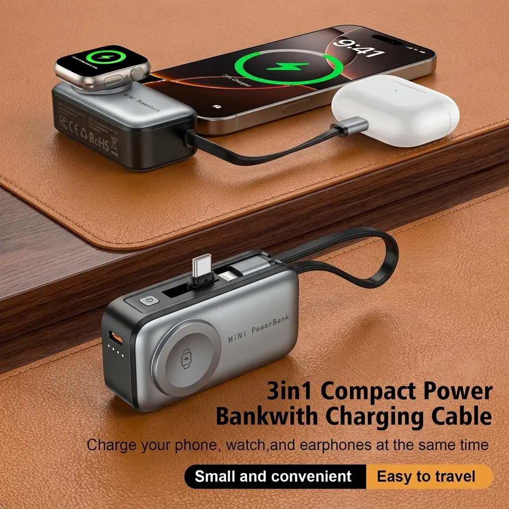 Must‑Have Travel 3‑in‑1 Power Bank｜Built‑in Cable USB‑C&Lightning  Fast Charging for iPhone 17 16 15 Apple Watch AirPods
