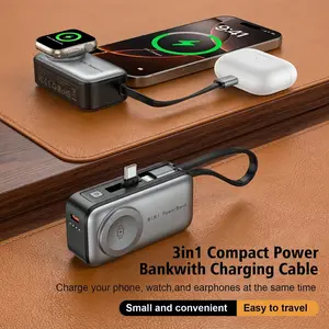 Must‑Have Travel 3‑in‑1 Power Bank｜Built‑in Cable USB‑C Fast Charging for iPhone 17 16 15 Apple Watch AirPods