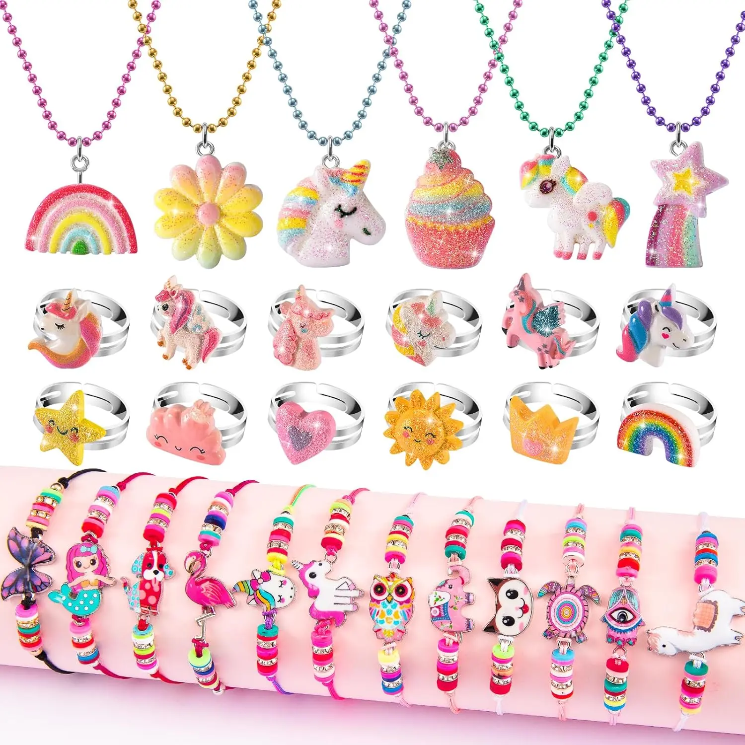X-JLY01 Kids Play Jewelry for Girls 4-6, Unicorn Necklace and Bracelet Set Ring for Little Girls Jewelry Ages 4-6 6-8, Toddler Birthday Gift Princess Dress Up for 5 6 3 8 7 4 Year Old
