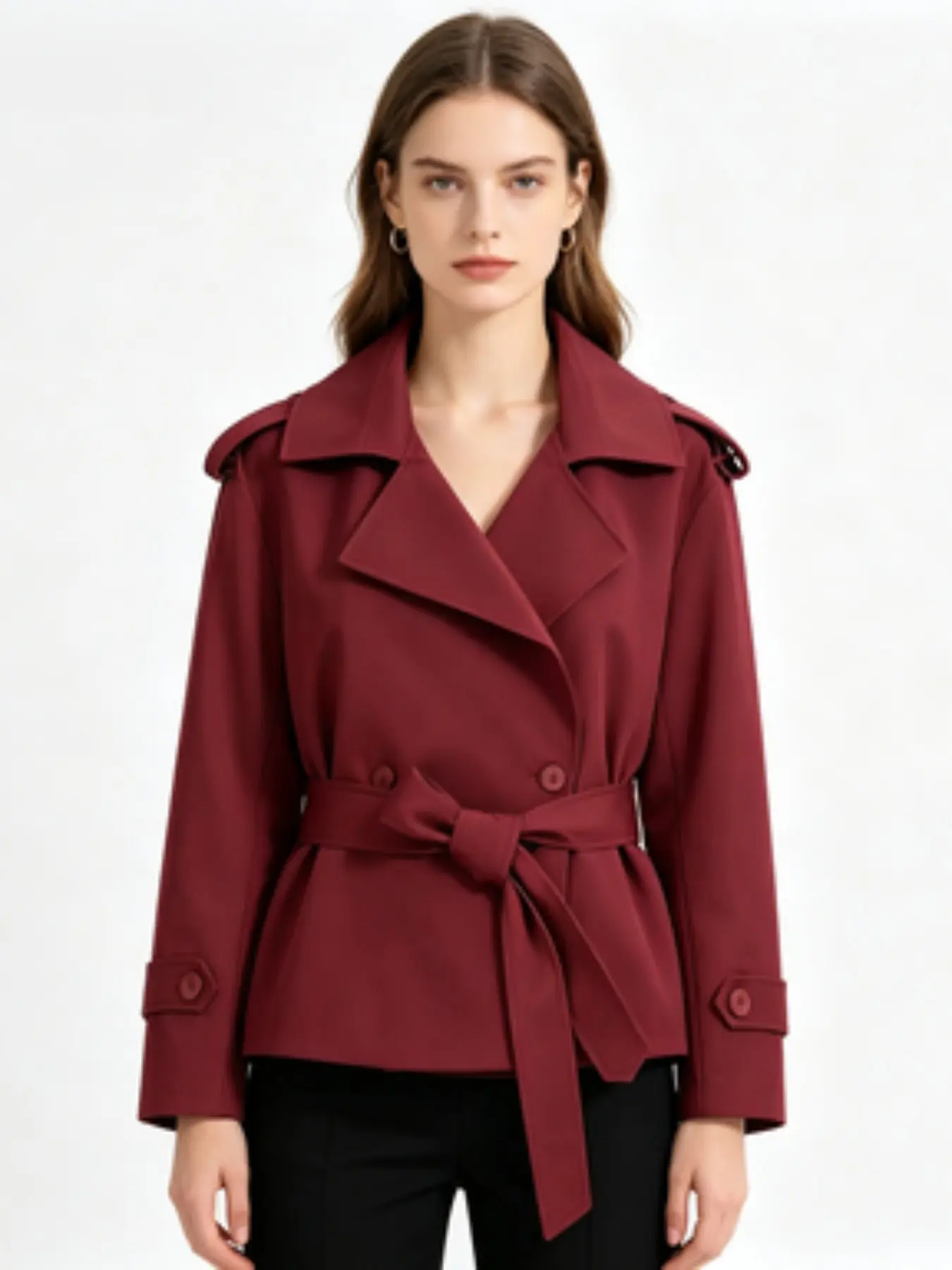 New European and American Style Women's Casual Loose All-Season Pure Color Waist Belt Short Windbreaker Jacket Outerwear, Versatile Daily Wear