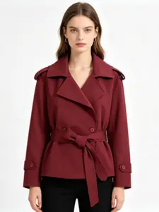New European and American Style Women's Casual All-Season Pure Color Waist Belt Short Windbreaker Jacket, Versatile Daily Wear