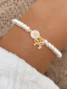 1Pcs Round Initial Pave Zirconia Bowknot Bracelet For Women New Classic Artificial Pearl Beaded Bracelet For Women, Fashionable Jewelry Accessories