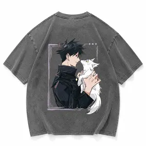 TikTok Viral Anime Boy & White Cat Tee｜Oversized Vintage Washed Graphic Shirt｜Y2K Japanese Streetwear Fit