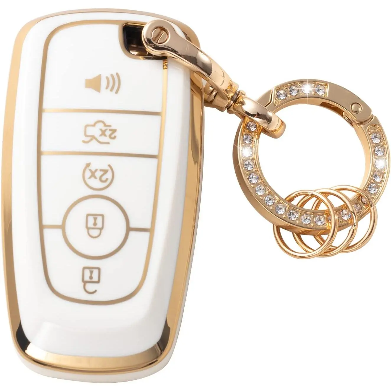 White TPU Soft Car Key Fob Protector with 3 Attached Key Rings & Clip - Durable, Signal Safe, Scratch Guard, No Conflict Fit for 3-5 Button Smart Remotes for Ford Edge, Escape, Expedition, Explorer, Fusion, Mustang, Ranger, F-150, F-250
