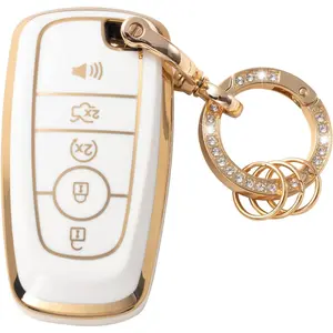 For Ford Key Fob Cover with Keychain, Key Shell Case for Ford Edge Escape Expedition Explorer Fusion Mustang Ranger F-150 F-250 Smart 3 4 5 Buttons, White