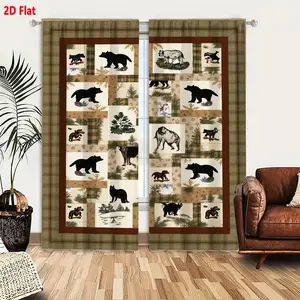 2D Flat Wilderness Wildlife Black Bear & Forest Animals Themed Curtain 2-Piece Set, Earthy Brown Green Plaid Quilt-Style Window Curtains, Rustic Nature-Inspired Home Decor for Bedroom Living Room