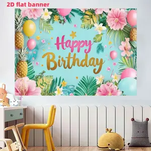 Hawaiian Birthday Party Backdrop Banner, Flamingo Palm Leaf Aloha Sign, Tropical Floral Theme Decor, Polyester Material, Indoor Outdoor Use