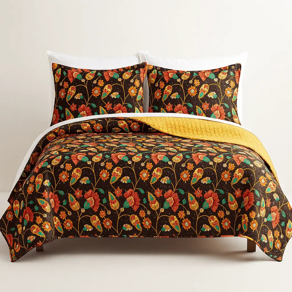 DaDa Bedding Queen Size Marigold Floral Brown-Yellow Botanical Print Garden Motif Quilted Bedspread Set, for Bedroom Decor & Home Interior
