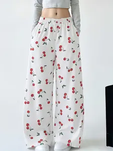 Cute Cherry Print Wide Leg Pants for Women High Waist Elastic Casual Trousers with Side Pockets