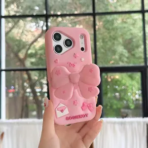 Pink 3D Foldable Bow Stand Phone Case For iPhone 17 16 15 14 13 Pro Max Silicone Protective Case