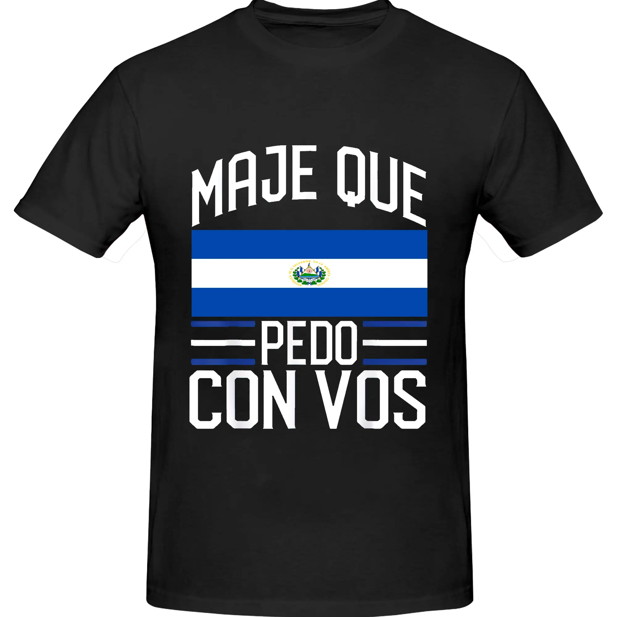 100% Cotton Salvador Flag T-Shirt with Round Neck and Short Sleeve Print, Catracho Pride, Maje Que Pedo Con Vos Fabric Summer
