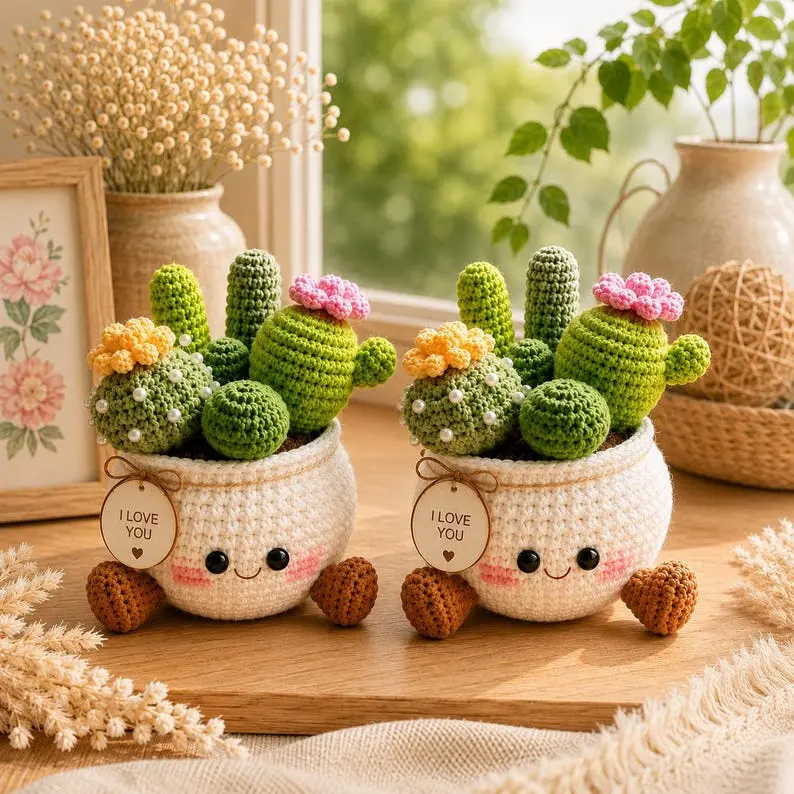 Handmade Crochet Cactus , Handmade Plant, Cute desktop home decor items, Succulent flower tray Unique Birthday Gift for Her Arturo Jr
