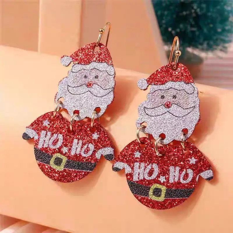 Santa HoHo Bring Glittery Red Earrings with Festive Santa Design and 'HO HO HO' Text for Christmas Jewelry