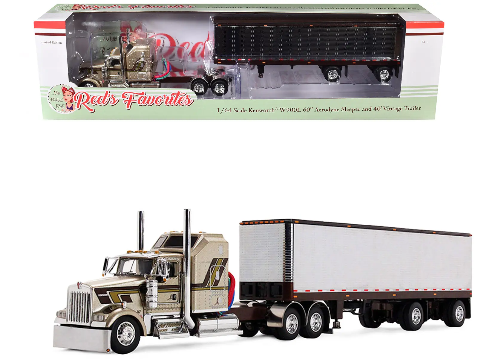 Kenworth W900L with 60" Aerodyne Sleeper and 40' Vintage Trailer Beige with Stripes 1/64 Diecast Model by DCP/First Gear