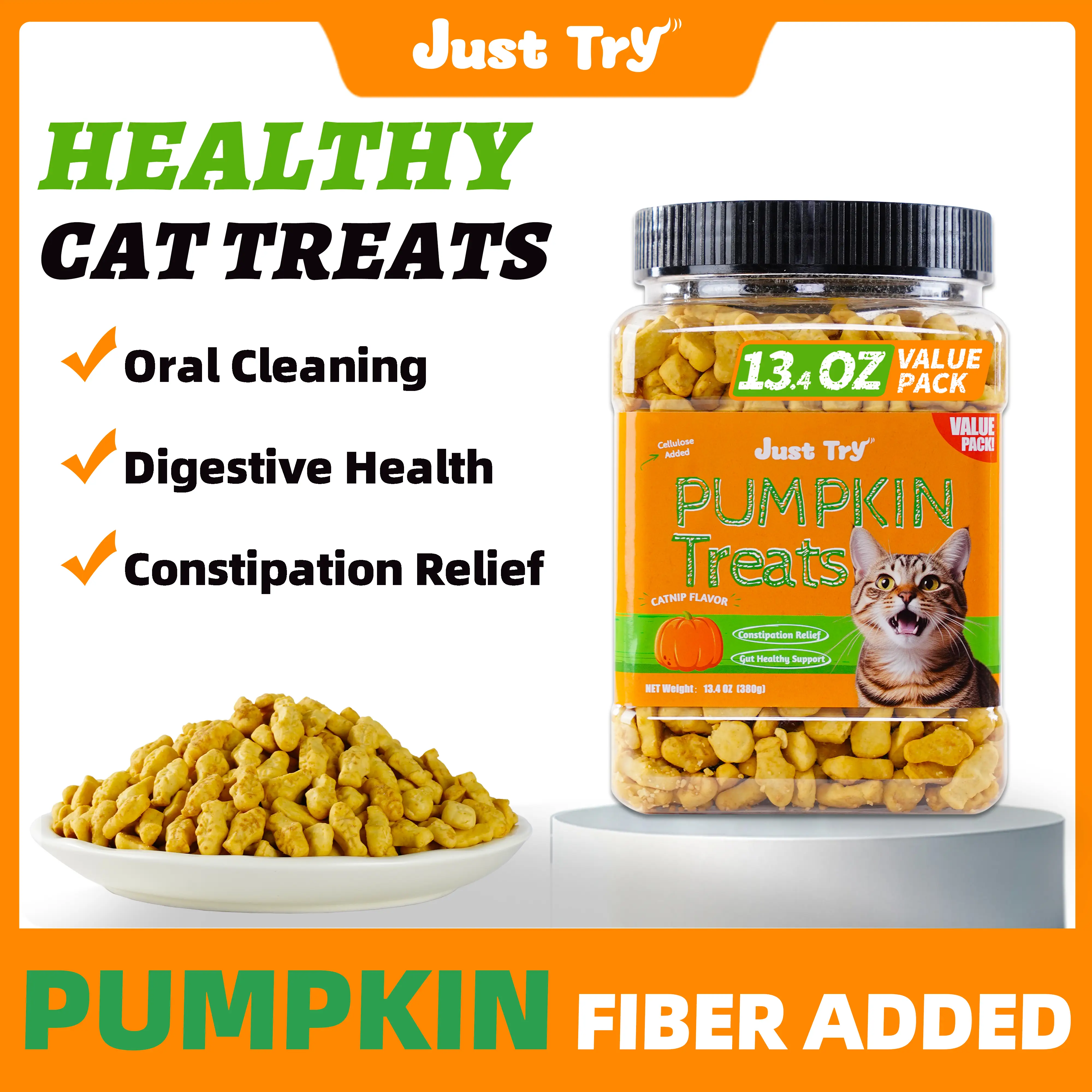 13.4 OZ Cat Treats Pumpkin Healthy Cat Snacks Training Biscuits Treats for Cats Digestive Support Low Calorie Snacks Natural Salmon Flavor