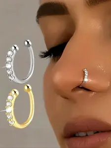 2pcs Crystal Lined Nose Ring Hoop, & Silver Color Non-Piercing Fake Nose Cuff, Sparkly Nose Jewelry for Women