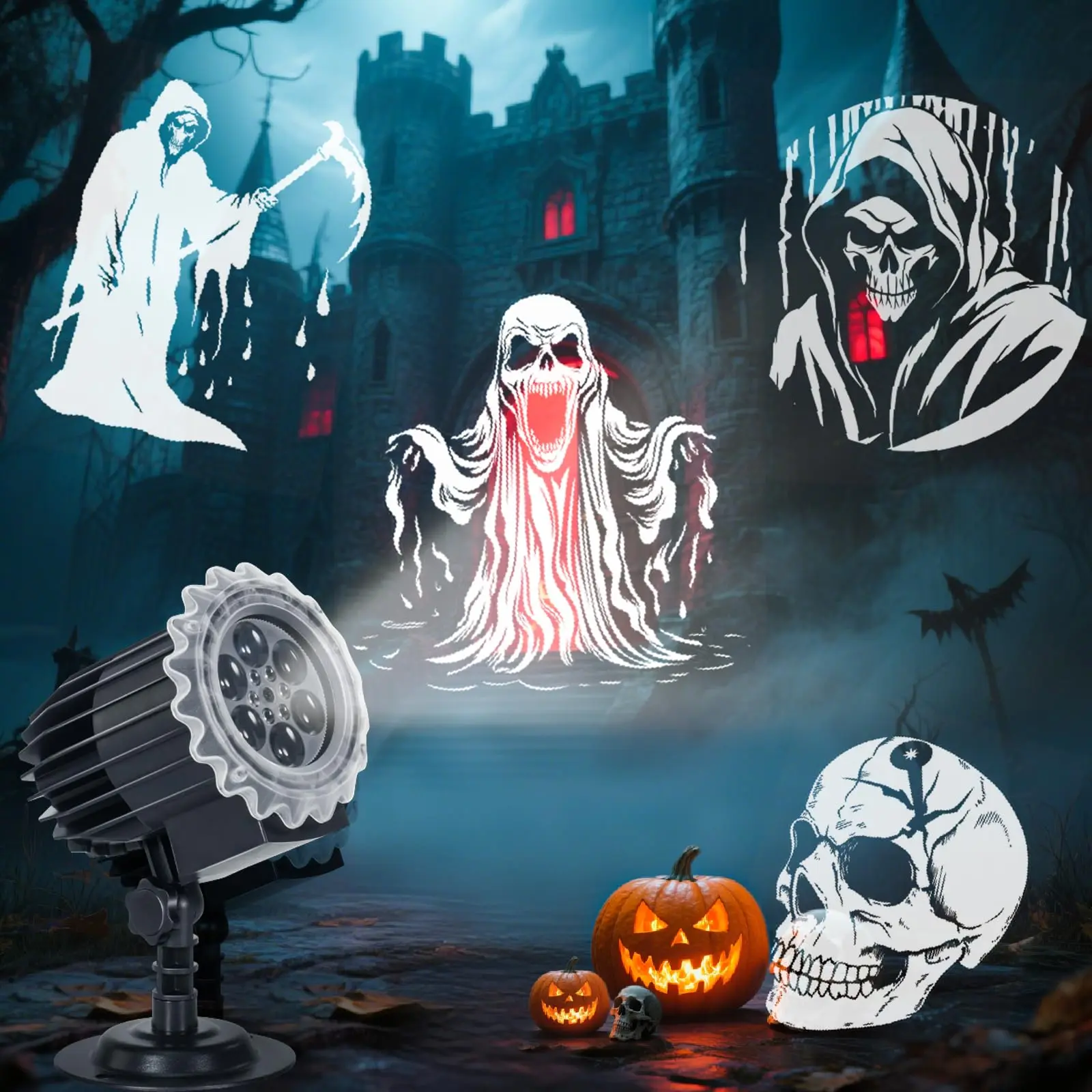 Brighter Halloween Projection Lights Outdoor Upgrade, Skull Ghost Bat Pumpkin Decorations, Suitable for House Windows Garden Use