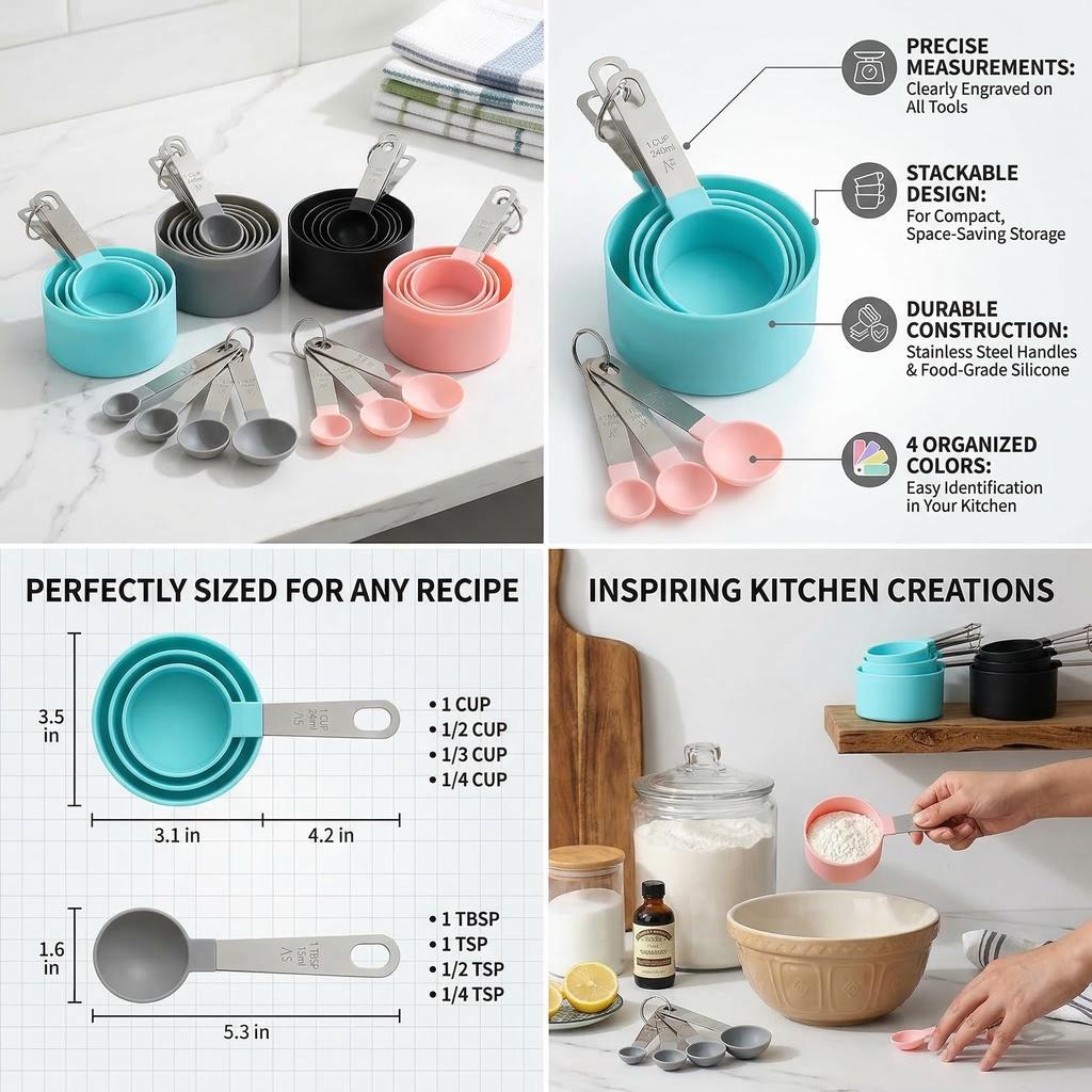 8 Pcs Measuring Cups and Spoons Set, Turquoise Stainless Steel Handle, Kitchen Baking Tools for Cooking, Baking & Coffee, Heavy Duty & Dishwasher Safe