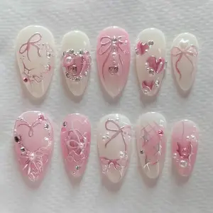 SWEET COQUETTE | Pink Ribbon & Pearl Heart Press On Nails | 3D Bow Romantic Fake Nails | Balletcore Princess Aesthetic | Custom Handmade Almond Set 2026