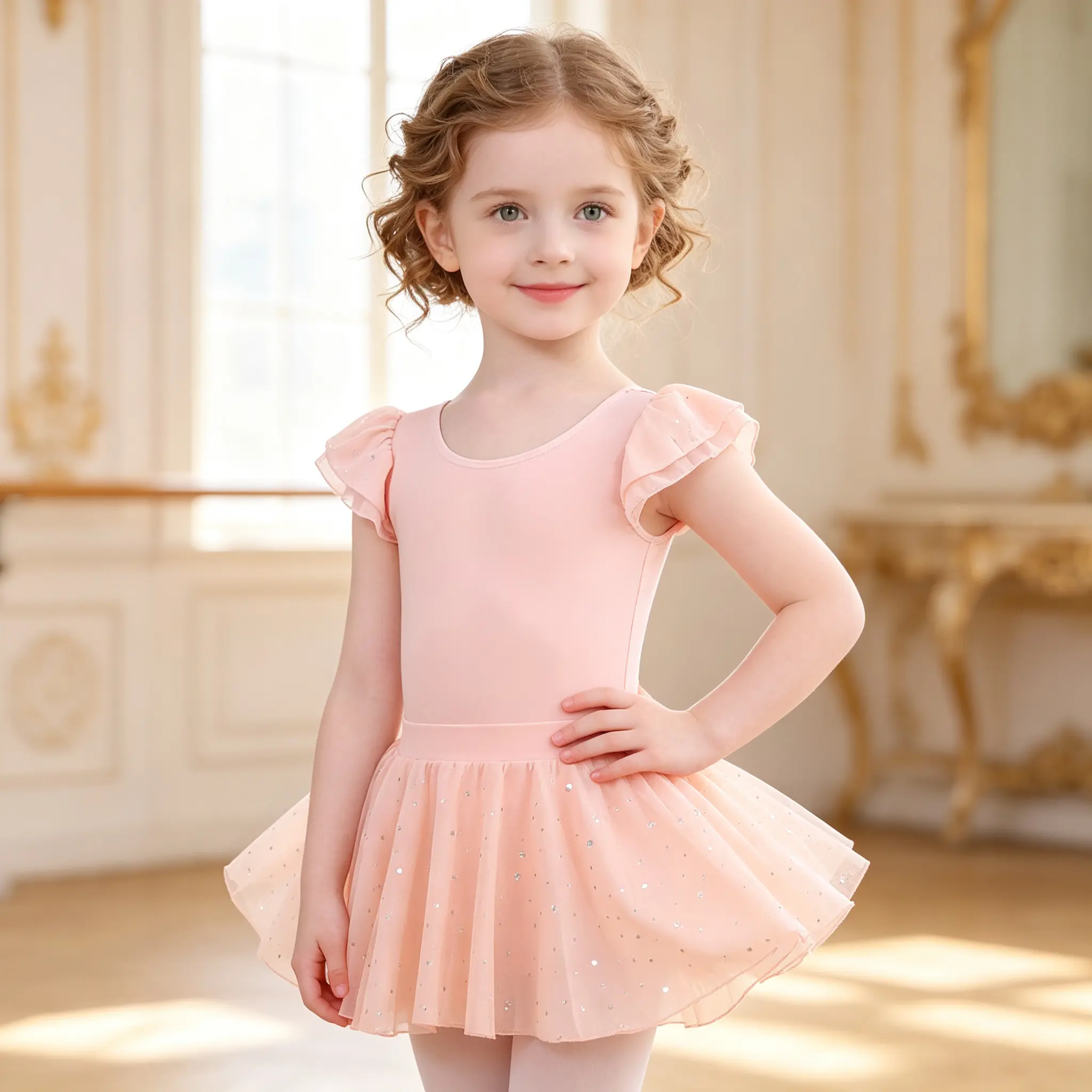 Little Girls Princess Dance Costume, Sparkle Tulle Tutu Ballet Leotard Dress For 3‑12Y Kids, Soft Ruffle Short Sleeve Dance Outfit, Ideal For Ballet Class, Stage Performance, Birthday Party Daily Practice
