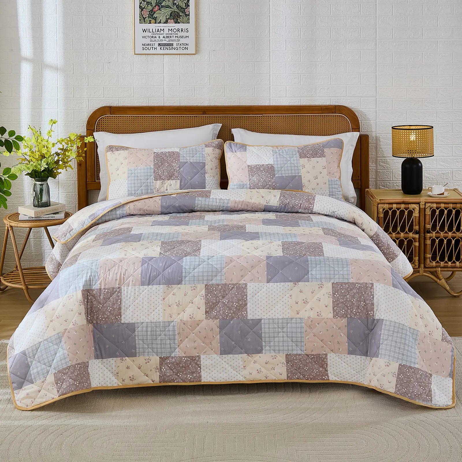 Cozaline Queen Quilt Set for Bed - 100% Cotton Quilts, Cream Bedspreads with 2 Pillowcases, 3 Pcs Patchwork Reversible Lightweight Bedding for All Season