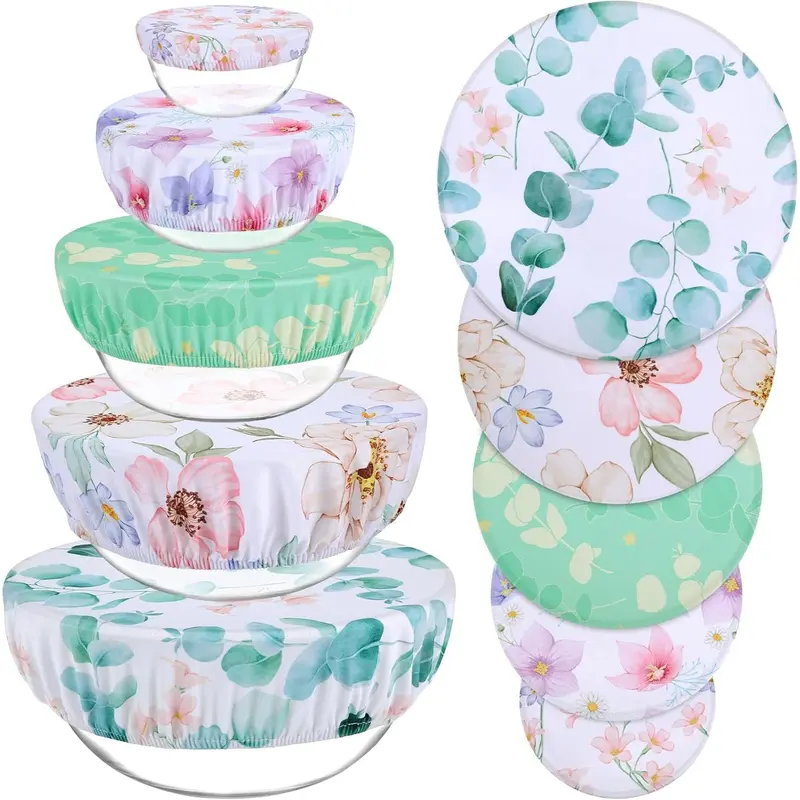 Reusable Bowl Covers Sets (5 Sizes, 5 Pcs) - Washable Elastic Polyester Floral Utensils, 12 in Round Home Kitchen Accessories for Food Storage, Baking, BBQs, Ideal Gift Idea for Bakers
