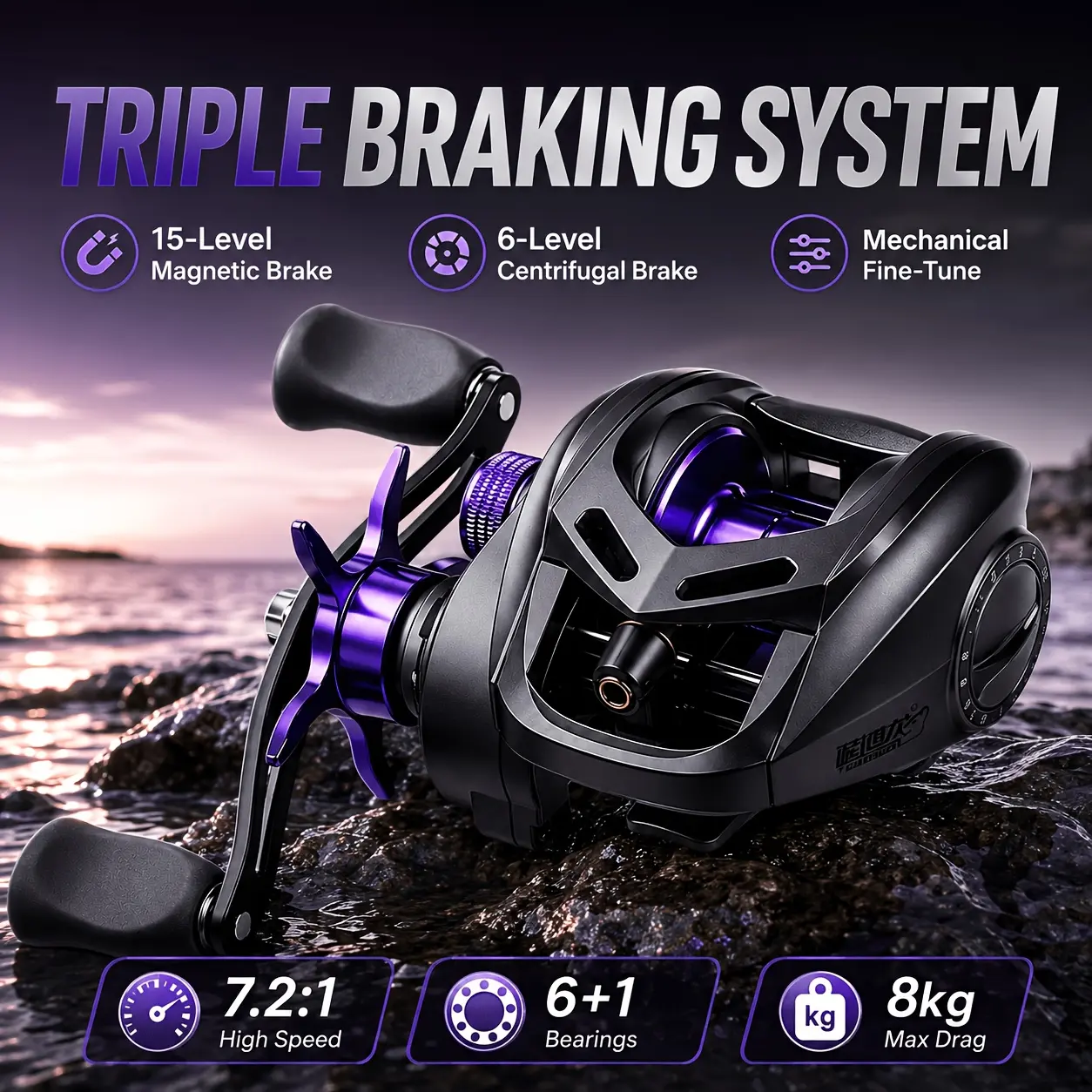 Lightweight Baitcasting Reel, 7.2:1 High-Speed Fishing Reel with Triple Braking System, 6+1 Bearings, 8kg Max Drag, Left/Right Hand Options for Long Casting