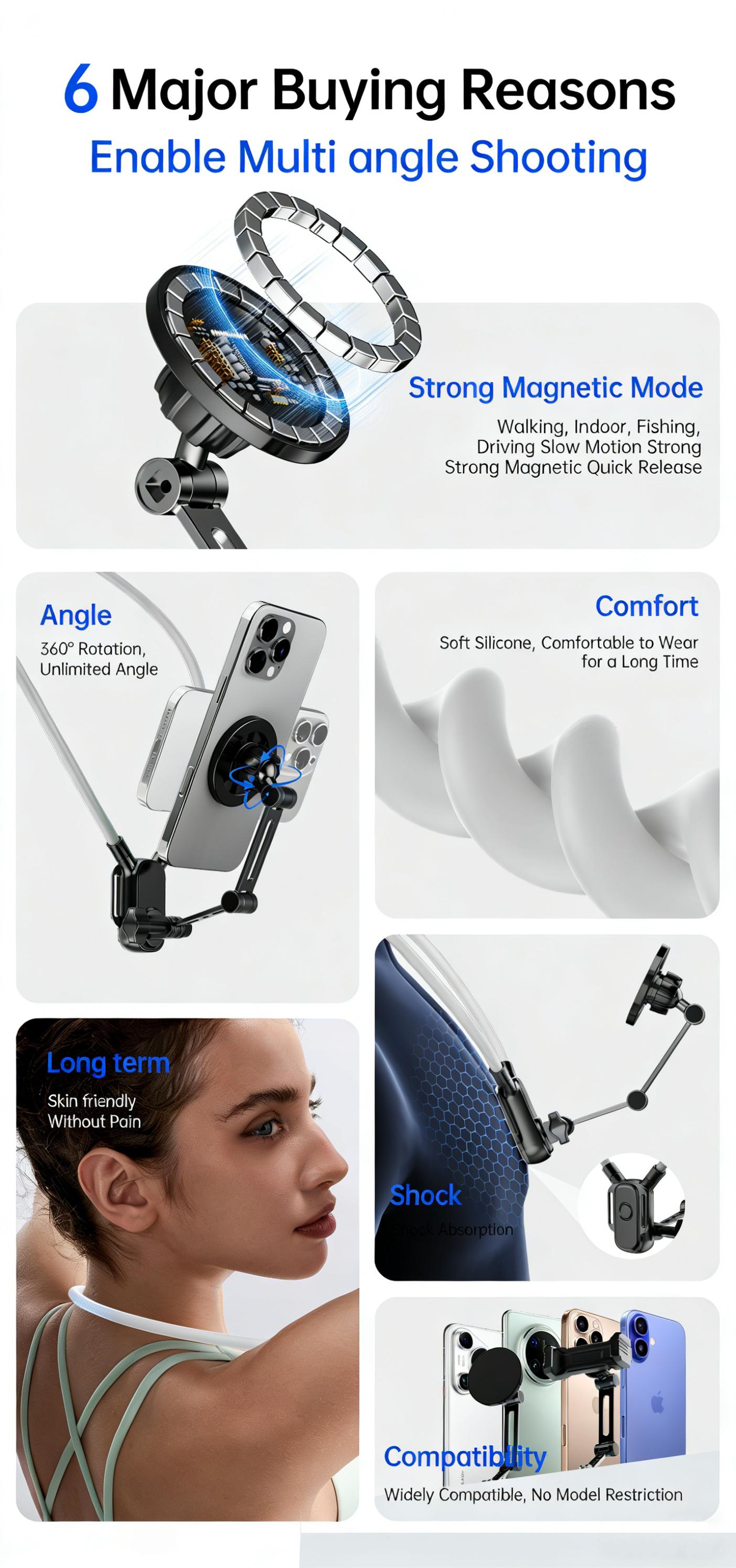 Magnetic Neck Mount Phone stand, Hands-Free Neck Strap Mount with Anti-Shake Stabilizer, 360° Rotatable POV Chest Harness for Vlogging, Running, TikTok & YouTube