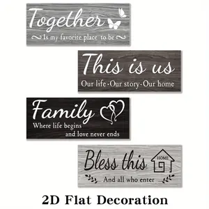 4pcs 2D Flat  Frameless Black, White and Gray Rustic Wooden Home Sign Living Room Wall Decor with Quote THIS IS US/TOGETHER/BLESS THIS/FAMILY, Wedding Kitchen Housewarming Gift Artistic Hanging Decorations for Indoor Decoration