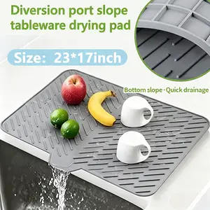Silicone Dish Drying Mat Grey with Built-in Drain Lip Hygienic Sturdy Compact Easy to Clean Tray Protects Surfaces Prevents Water Build Up Food-Grade BPA-Free Heat-Resistant Dishwasher Safe