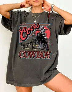 Vintage Western Cowboy Print Oversized Loose Fit Round Neck Short Sleeve T-Shirt For Women