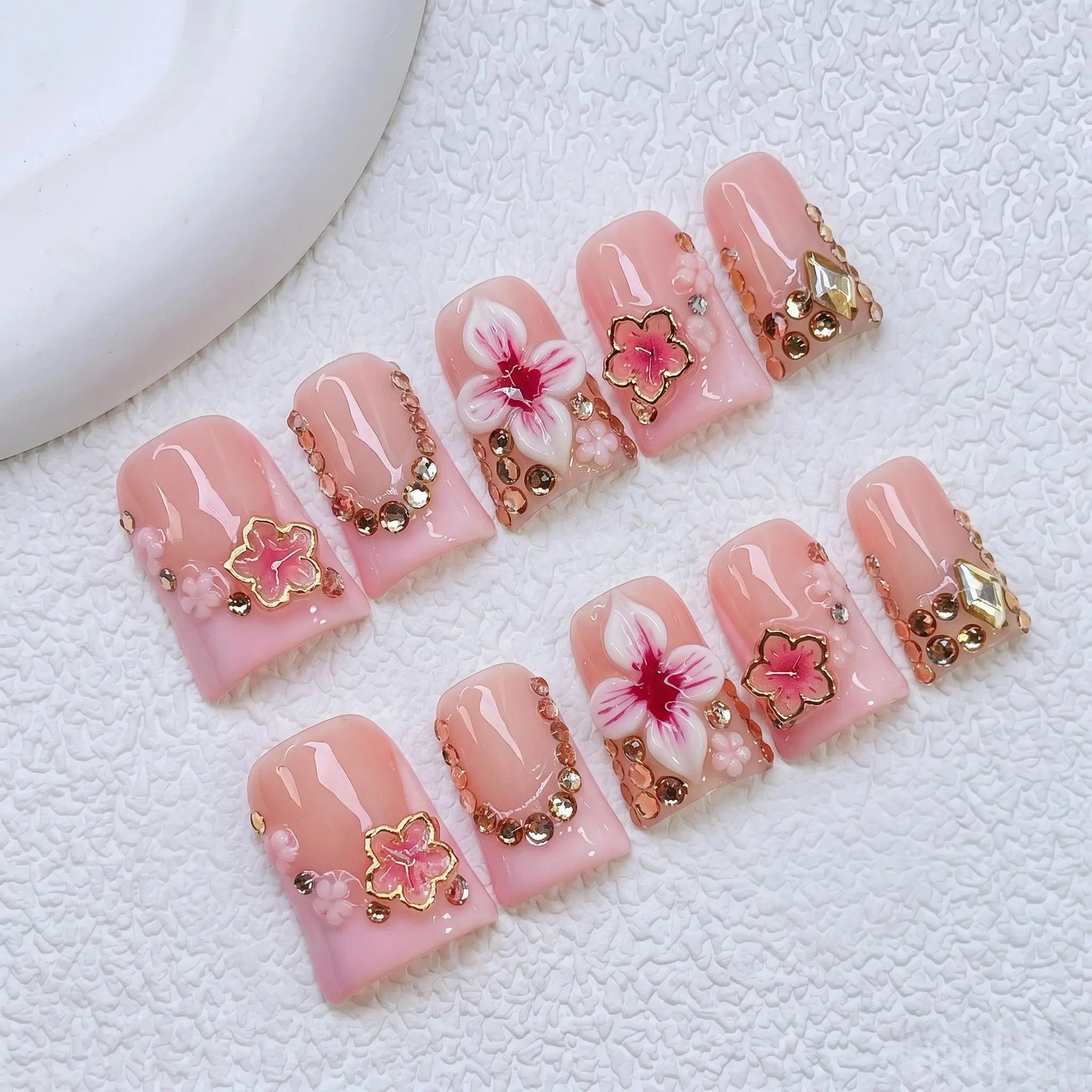 10 pcs Handmade Press on Nails 3D Floral Pink French Tips, Duck Nails, Y2K Baddie Style, Nude And White Color with French Tips, Bow & Floral Design, Suitable for Women, Includes Tools Arcylic nails,Spring Summer nails Nail Art Design Diy Nail Art