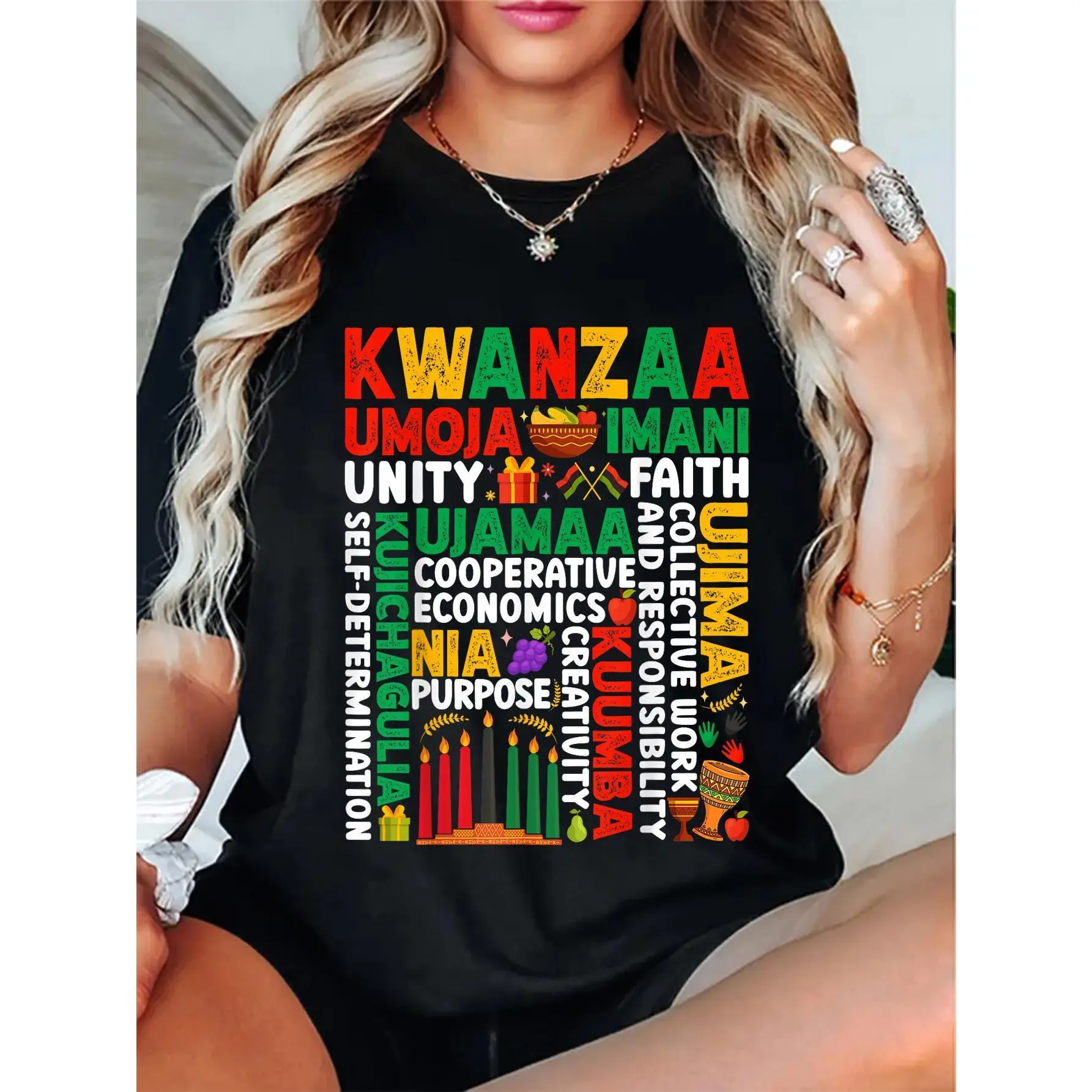 Women's Kwanzaa Unity T-Shirt - 100% Cotton Crew Neck Short Sleeve Tee with Seven Principles Alphabet Print