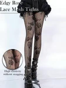 Rose Lace Fishnet Pantyhose, Y2K Sexy Transparent Stockings, High Stretch Anti-Pill, Wine & Dual Color, All Seasons