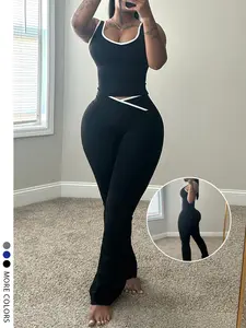 LW HOME Women's Fashion Colorblock Waist Trainer Bell Bottoms and Tank Top Matching Set, Multiple Colors Available, Perfect for Home and Summer