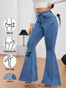 Women's Fashion Elastic Bell Bottom Jeans, Trendy Wide Leg Pants for Daily Wear and Formal Occasions, High Waist Long Pants with Frayed Hem
