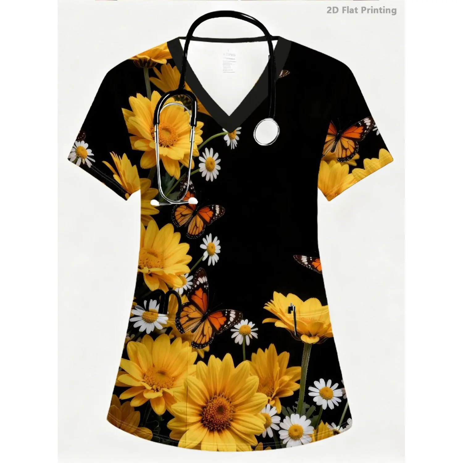 Vibrant Daisy and Butterfly Print V-Neck Nurse Uniform with Two Pockets - Women's Workwear for Nursing, Dental, and Beauty Professionals