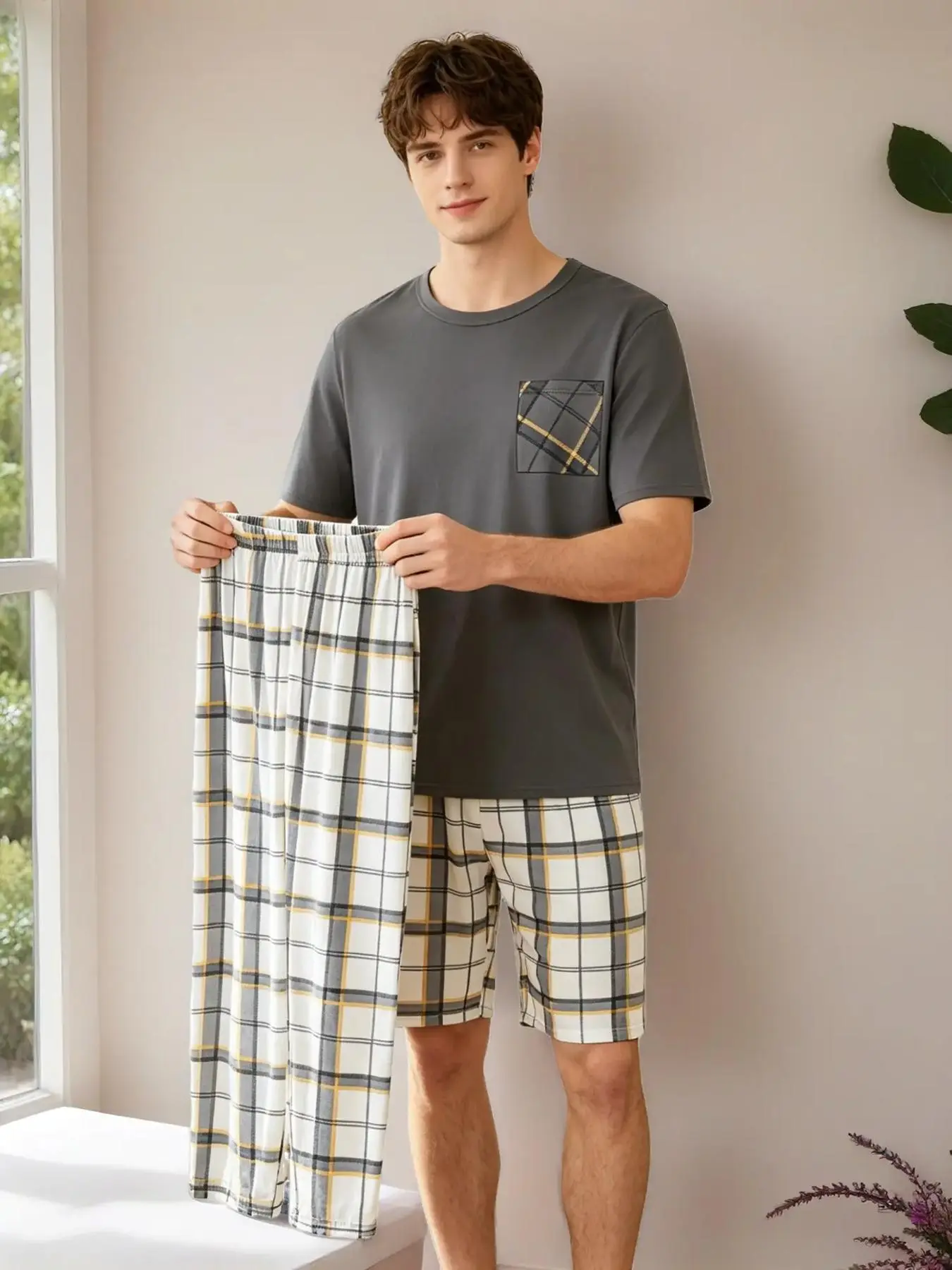 Men's Lightweight Sleepwear Set, Pajama Set, Pyjamas, Casual Home Pjs, Round Neck Plaid Print Short Sleeve Top and Shorts Pants, Summer Casual Loungewear Home Wear Three-Piece Suit Homewear