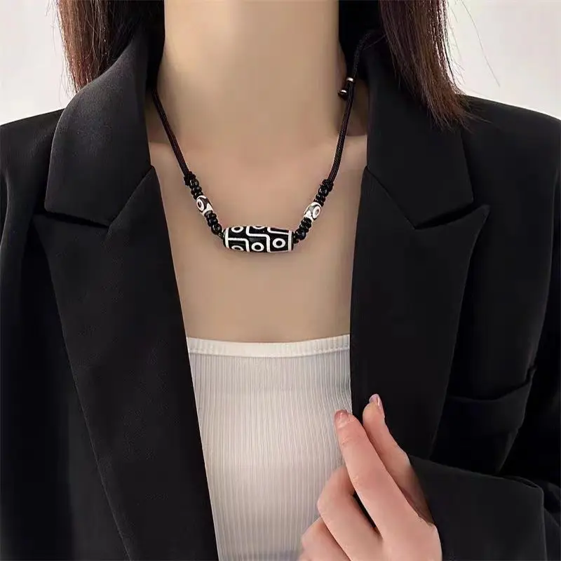 New Chinese Style Nine-Eyed Dzi Bead Necklace for Men, Niche Design Sense, Couple Ethnic Retro Neck Chain, Woven Men's Jewelry