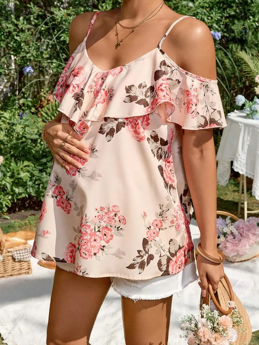 Maternity Floral Blouse Ruffle Pink Spaghetti Strap Boho Top for Baby Shower and Brunch