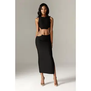 Stella Cutout Rhinestone Crop Top - Black Sleeveless Top with Dangling Chains - Stylish Slim-Fit Outfit with Back Zip - Perfect for Dinner Dates, Club Party, Evening, Formal & Casual Wear - Womenswear Fashion