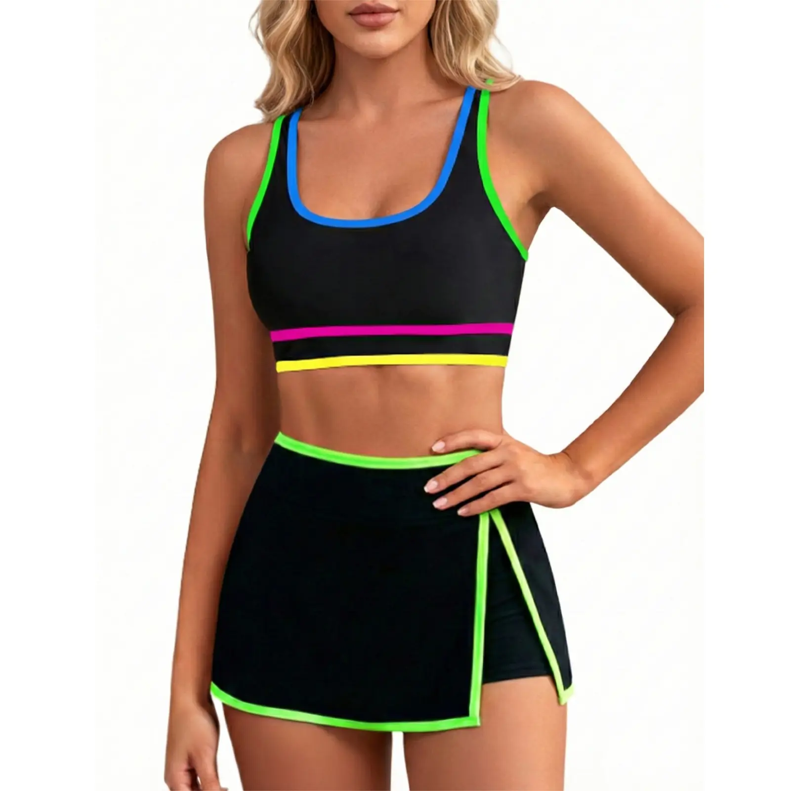 VIMPUNEC Womens Neon Color Block Bikini Sets Tummy Control Swimsuits Two Piece High Waisted Swim Skirt Slimming Fit Summer Beachwear for Women mom swimwear