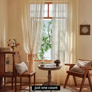 Boho Style Lace Window Curtain, 1 Count Vintage Lightweight Hollow Out Floral Pattern Window Curtain, Window Screen for Home Living Room Bedroom, Home Decoration Curtain