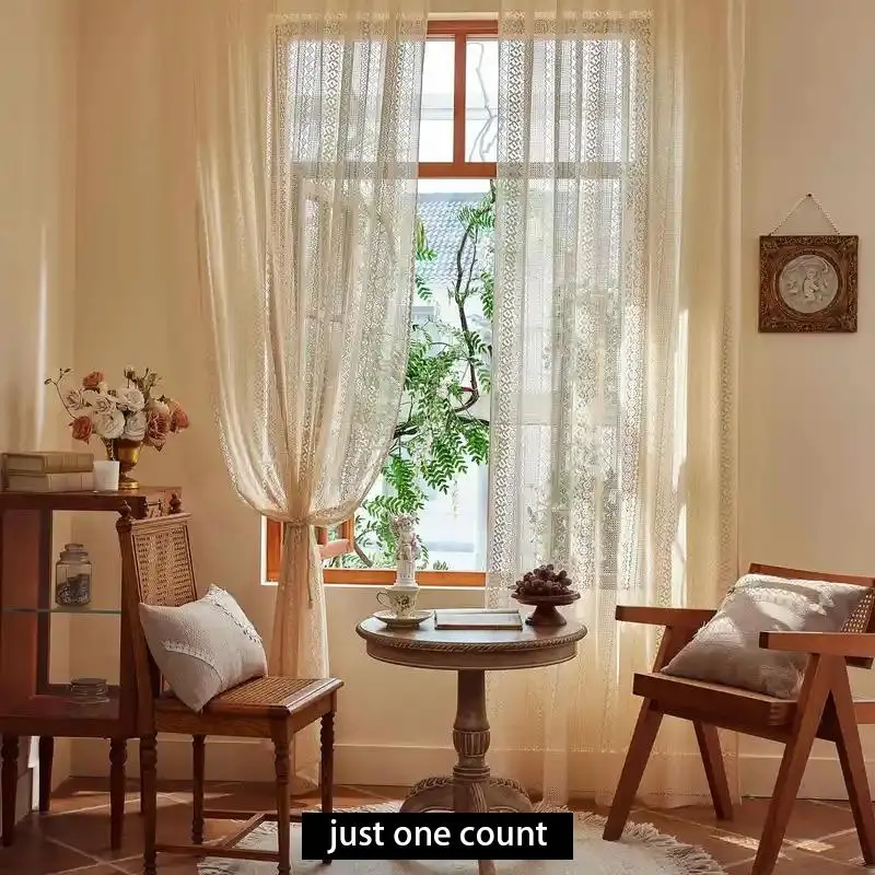 Boho Style Lace Window Curtain, 1 Count Vintage Lightweight Hollow Out Floral Pattern Window Curtain, Window Screen for Home Living Room Bedroom, Home Decoration Curtain, Lightweight Curtains, Home Decorative Curtain