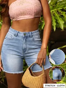 Women's High Waist Frayed Hem Light Wash Denim Shorts, Summer Split Design, Slim Fit Fitted & Leg-Lengthening, Perfect for Casual Wear