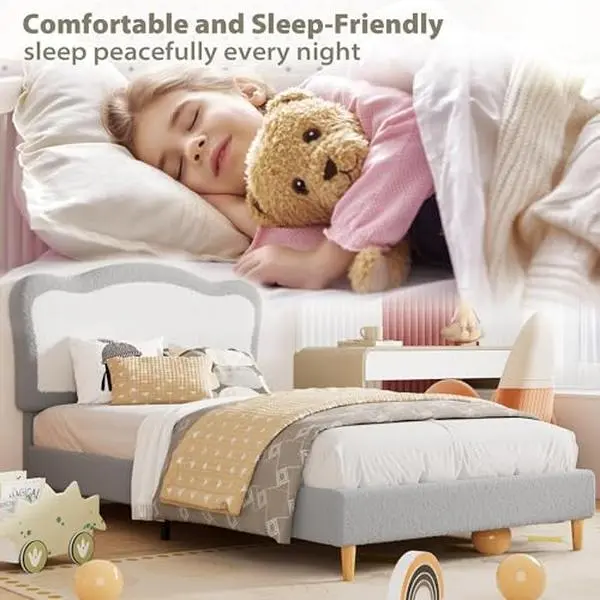 Full Size Bed Frame for Kids, Boucle Upholstered Platform Bed with Headboard for Girls Boys, Wooden Slats Support, No Box Spring Needed/Noise-Free/Easy Assembly, Grey & White