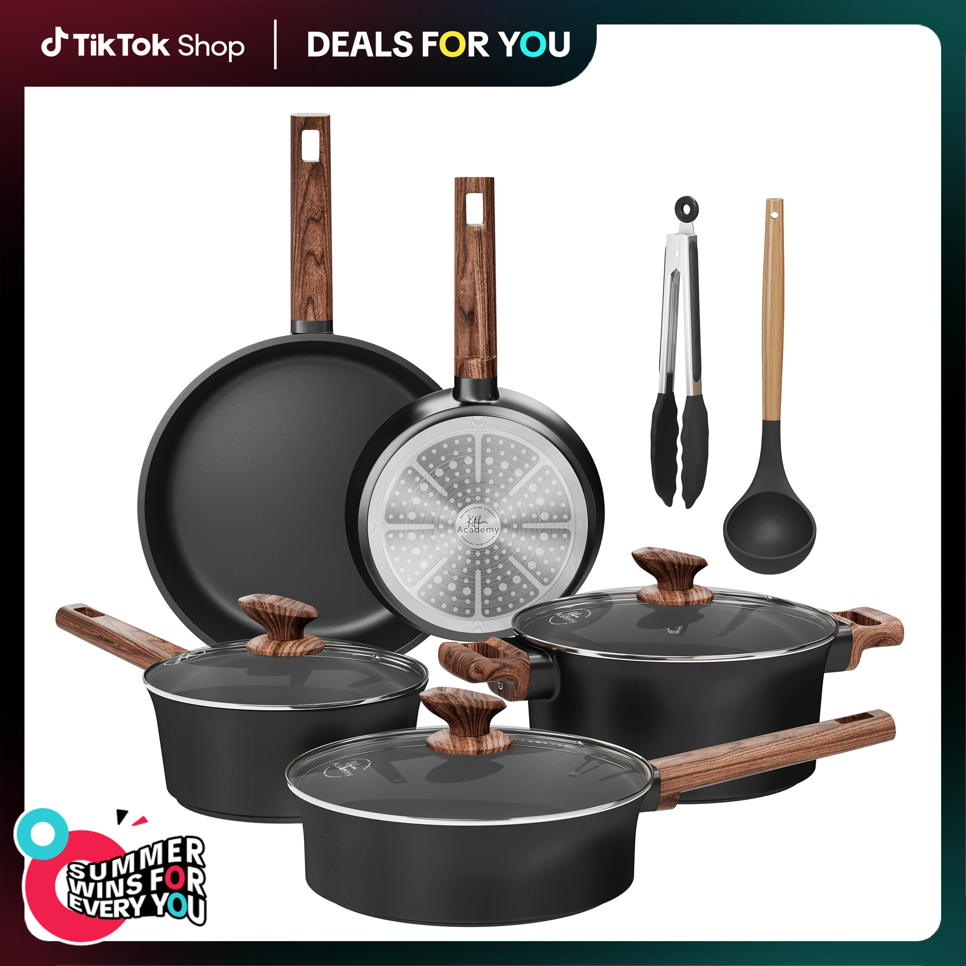 Kitchen Academy 10 Pcs Induction Ceramic Cookware Set, Non Toxic Pots and Pans Set Non Stick, Healthy Nonstick Black Cooking Pans Set, Deals for you