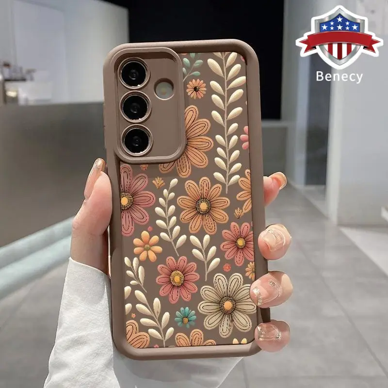 Phone Case Compatible with Galaxy S23 Ultra S24 Plus S25 S22+ Vintage Floral Pattern Shockproof Silicone TPU Bumper Drop Protection Cover Smartphone C
