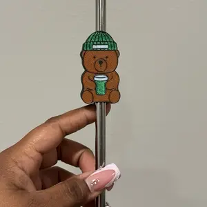 Bear Straw Topper with Green Beanie - Adorable Bear Design for Drinks - Perfect for Adding a Fun Touch to Your Beverages