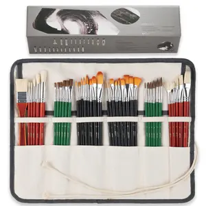 41 Pieces Long Handle Paint Brushes, Expert Series, Hog Bristle, Horse Hair and Nylon Hairs Art Set Includes a Carrying Canvas Roll